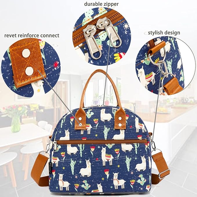 FlowFly Insulated Lunch Bag With Shoulder Strap for Women, Men, and Kids, Large and Reusable, Handle, Freezable Work and School Travel Tote and Meal Prep Organizer,Alpaca