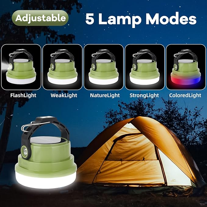 Solar Camping Lantern Rechargeable, 2-in-1 10000mAh Rechargeable Camping Light and Phone Charger for Hiking,Travel - Emergency Hanging Light for Hurricane, Power Outage, 100W, Green
