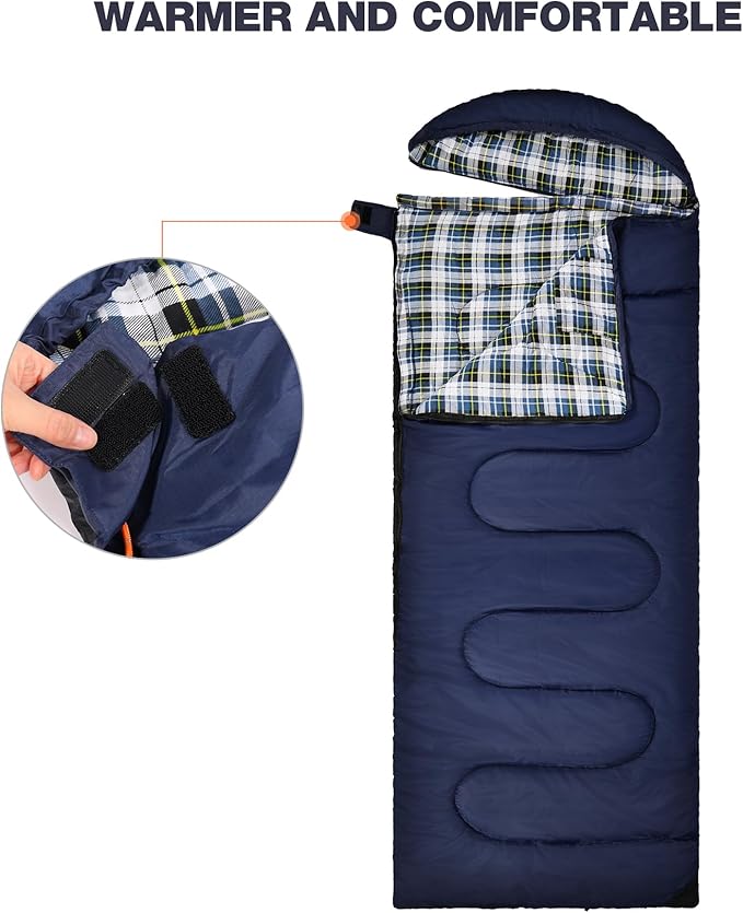 REDCAMP Flannel Sleeping Bag for Adults, Comfortable Cotton Sleeping Bags for Camping with Detachable Hood, Red/Grey/Blue