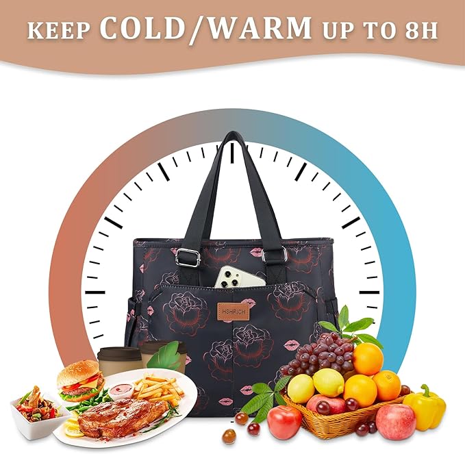 Large Women Lunch Bags for Work/Insulated Adult Lunch Box for Women/Leakproof Cooler Lunch Tote Bag with Storage Pocket. Reusable Lunch Cooler Purse for Work Picnic Hiking 14L,Black Rose