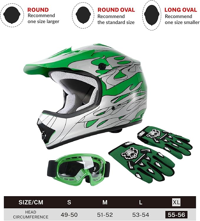 TCT-MOTORPARTS DOT Youth Motorcycle Four Wheeler Riding Racing Helmet Kids Motocross ATV Helmets Offroad Street Dirt Bike Go-Kart BMX MX Full Face Helmet Green Flame X-Large Size