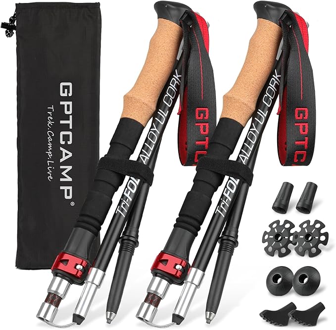 GPTCAMP Nordic Walking Stick, TPZ-1, 2pc Folding Collapsible Hiking Poles with Metal Quick Lock, Cork Handle, Lightweight 7075 Aluminum Trekking Poles for Seniors Women Men Hiking Gear