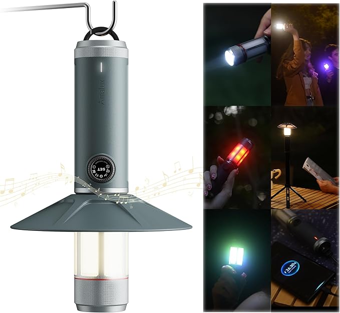 8 in 1 Camping Lantern with Mini Speaker, Built-in Rechargeable 5000mAh Power Bank, LED Music Camping Lights,Portable1000lm Flashlight, SOS, IP54 Waterproof