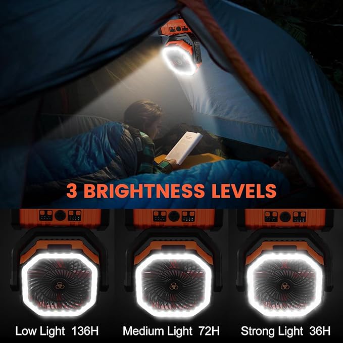 Odoland 30000mAh Camping Fan with LED Lantern, Rechargeable Battery Operated Oscillating with Remote Hook Stroage Bag, Portable Tent Fan with Timer, 4 Speeds for Outdoor RV Jobsite Power Outage,Orange