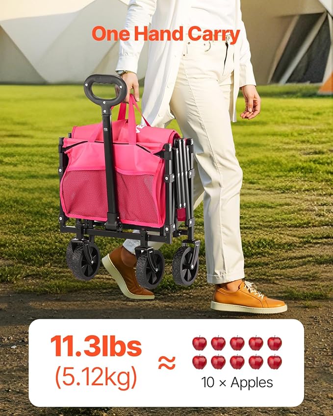 VEVOR Collapsible Wagon Cart with Wheels Foldable, 120L 225LBS Heavy Duty Folding Wagon, Portable Utility Grocery Cart for Groceries Camping Sports Shopping Garden with Adjustable Handle