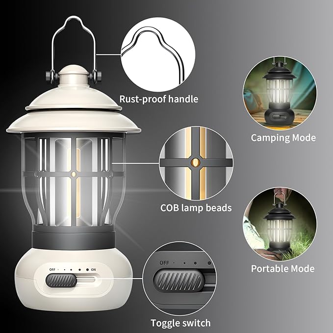 Camping Lantern, COB Lantern for Power Outage, Suitable for Indoor and Outdoor, Beige