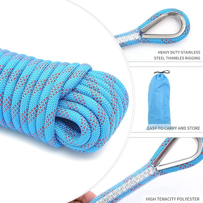 10mm/12mm Climbing Rope, Outdoor Static Rock Climbing Rope, Tree Climbing Rappelling Rope, Escape Nylon Rope, Ice Climbing Equipment Fire Rescue Parachute Rope with 2 Steel Hooks