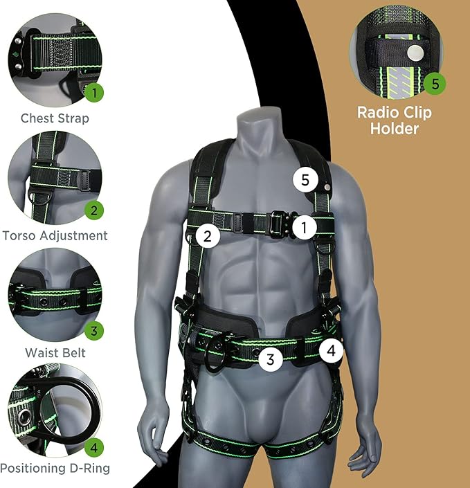 AFP Fall Protection Full-Body Premium Safety Harness, 8” Thick Support Belt, Aluminum D-Rings, Tongue Buckle (OSHA/ANSI PPE)