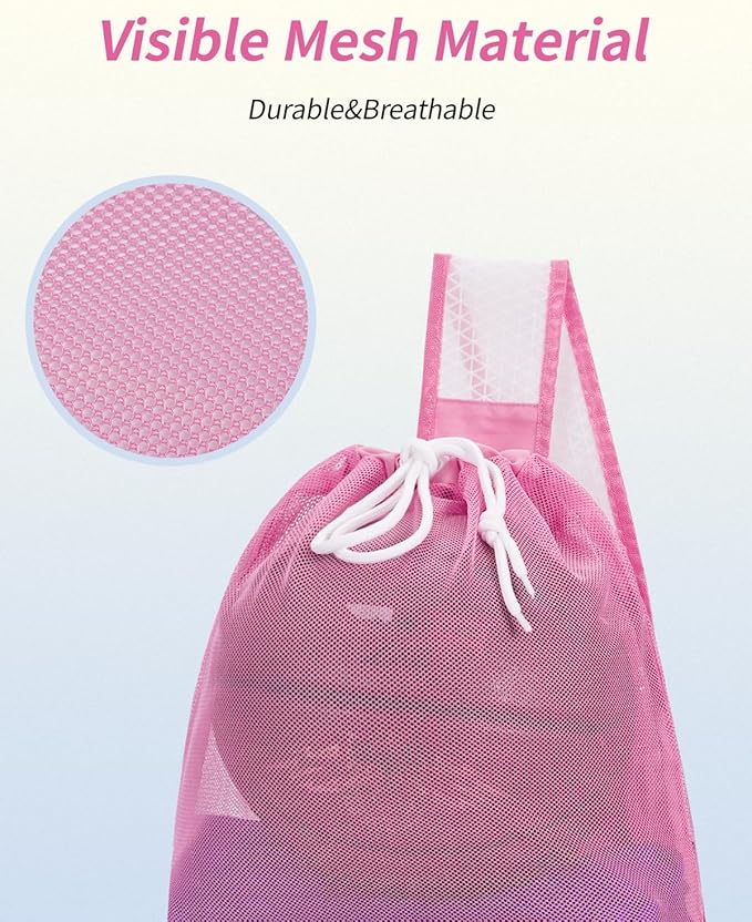 WANDF Swim Bag Foldable Mesh Drawstring Bag with Quick-dry Shoulder Strap Beach Backpack with Wet Pocket for Swimming, Gym, and Workout Gear (Pink Patent Pending)