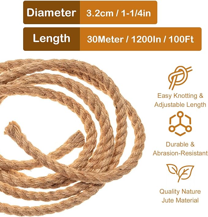 Thick Twisted Manila Ropes 1 1/4 in x100 ft Natural Jute Rope Heavy Duty Hemp Rope for Swing Bed Crafts Tug of War Landscaping Gardening, Bundling, Hammock, Home Decorating
