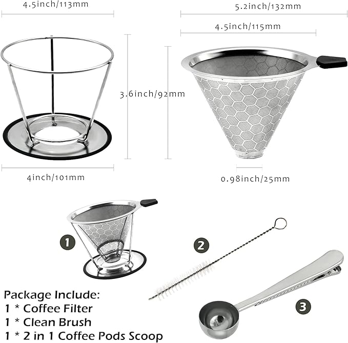 LIGICKY Reusable Coffee Filter Professional Manual Stainless Steel Coffee Dripper Cone Coffee Strainer Paperless Coffee Maker for 2-4 people with Removable Cup Stand, Cleaning Brush, Coffee Scoop