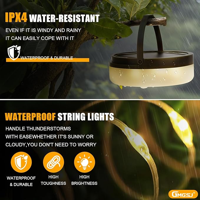Solar Camping String Lights,40.45FT Fairy String Lights with 10 Lighting Modes,Portable Waterproof Camping Lamp with Remote Control,Solar Power and USB Rechargeable Camping Lights for Yard Hiking