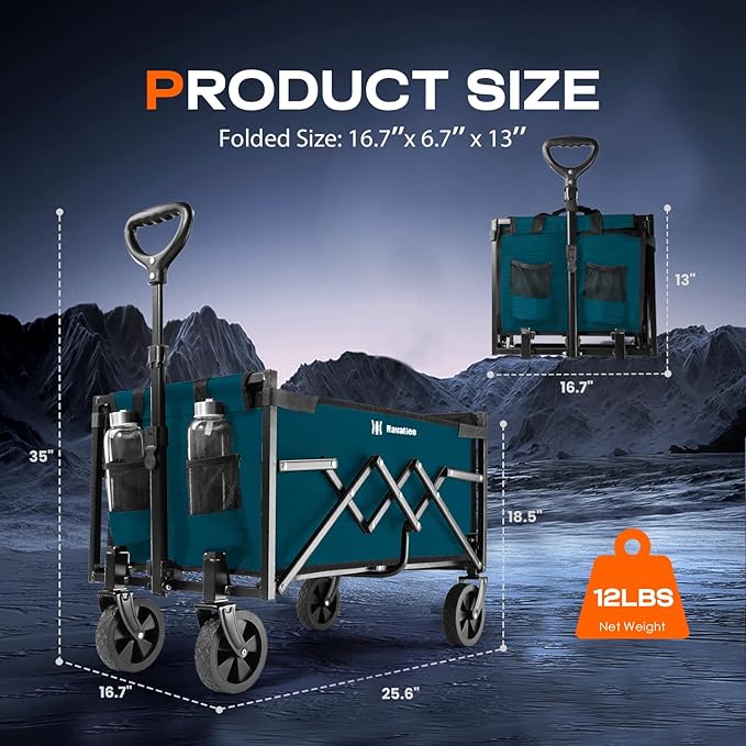 Navatiee Portable Foldable Collapsible Wagon with Wheels, 220lbs Weight Capacity Utility Grocery Shopping Cart, Lightweight Mini Folding Wagon for Outdoor, Blue