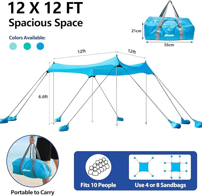 Beach Tent UPF50+ With 8 Sandbags, Camping Essentials for 6-12 Persons, Shade Canopy With Stability Poles and Big Ground Pegs, Pop Up Canopy for Picnics, 12X12FT Blue