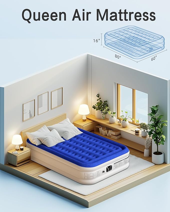 Queen Air Mattress with Built in Pump Luxurious Comfort 16" Raised Inflatable Mattress Queen Airbed Blow Up Mattress for Home Guests 80"*60"*16" Air Bed 3 Mins Fast Inflate/Deflate 660 lbs Max