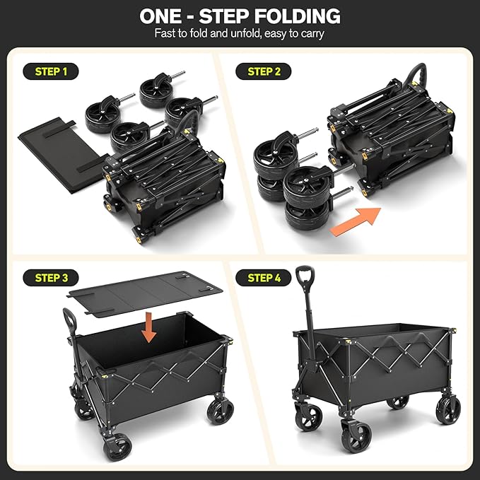 Foldable Collapsible Wagon Cart with 150L Large Capacity, Utility Beach Wagons Carts Heavy Duty, Portable Folding Wagon with All-Terrain Wheels for Grocery Gardening Sports Shopping Fishing (Black)