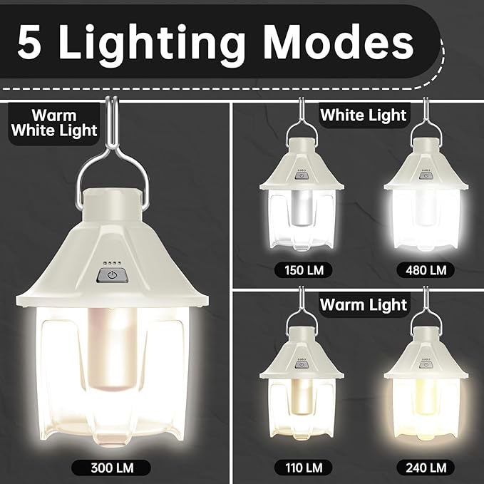 LED Camping Lantern Rechargeable, Waterproof Survival Camping Light, Portable Lantern Flashlight Tent Light with 5 Light Modes for Hurricane, Hiking, Camping, Power Outages (White)