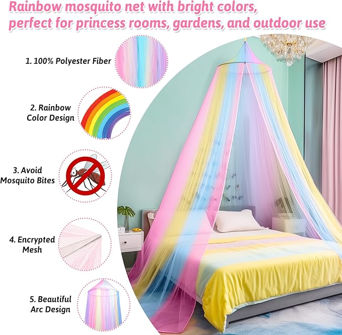 Mosquito Net for Bed, Large White Bed Canopy for Girls, Hanging Bed Net, Ideal for Bedroom Decorative, Travel with Storage Bag (Rainbow1)