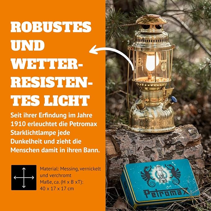 Petromax HK500 Pressurized Lantern, 500 Candlepower with 1 Quart Kerosene Tank for Home, Camping or Emergency Lighting, Hand Assembled High Pressure 400 Watt Lamp, Polished Brass