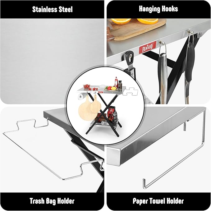 Foldable Grill Table with Extra Storage Bottom Shelf, Outdoor Indoor Foldable Outdoor Grill Stand Table with Garage Rack & Tissue Holder,Easy Set-up, 30" x 24", Silver