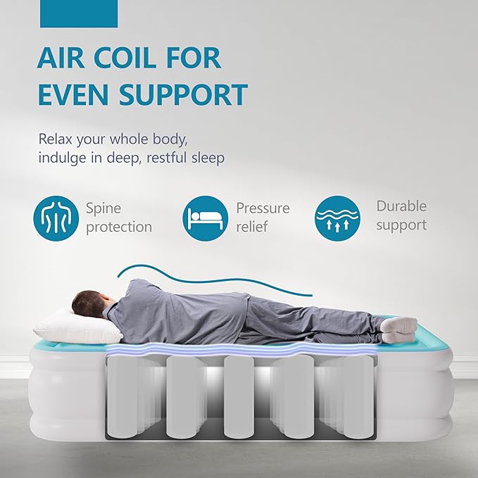 Air Mattress Full with Built in Pump Raised, Comfort Plush Self Inflating Mattress, Inflatable Blow Up Mattress, Portable Airbed for Home, Guests, Camping(Light Blue, 18” Height)
