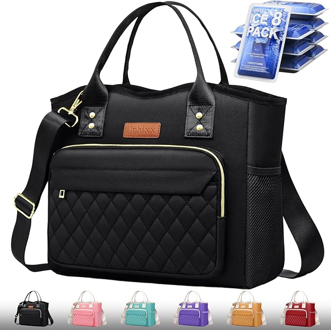 Lunch Bag Women Insulated Lunch Box for Adults - Leakproof Large Purse Lunch Tote Bags for Women with Adjustable Shoulder Strap Zipper Side Pockets for Work