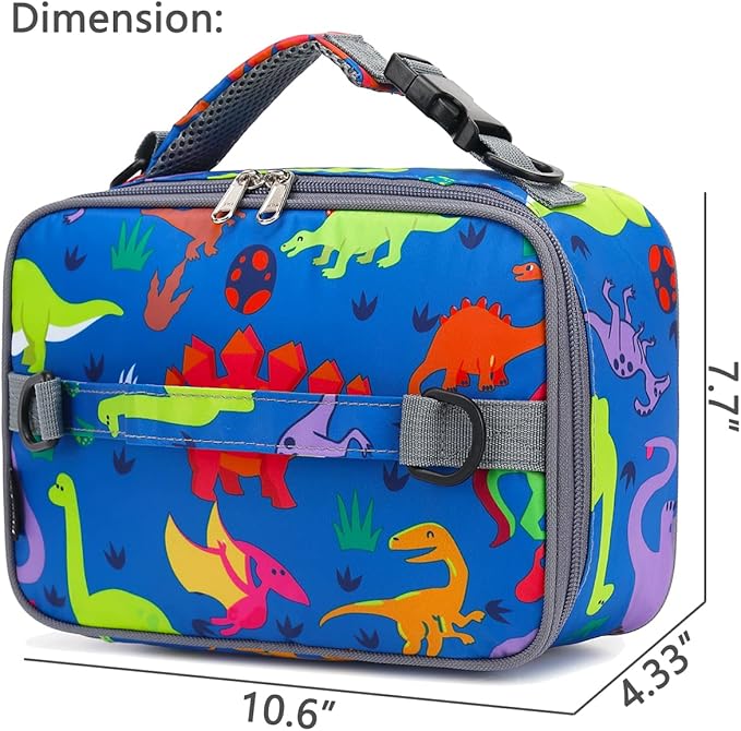 FlowFly Kids Lunch Bag, Durable Insulated School Lunch Box with Shoulder Strap and Bottle Holder, Water-resistant Thermal Small Lunch Cooler Tote for Teen Boys & Girls,Dinosaur