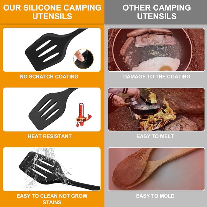 Camping Essentials Cookware Cooking Utensils Set - Portable Camp Kitchen Mess Kit Outdoor Accessories, Stainless Steel & Silicone, Camping Gear Equipment for RV Picnic Grill