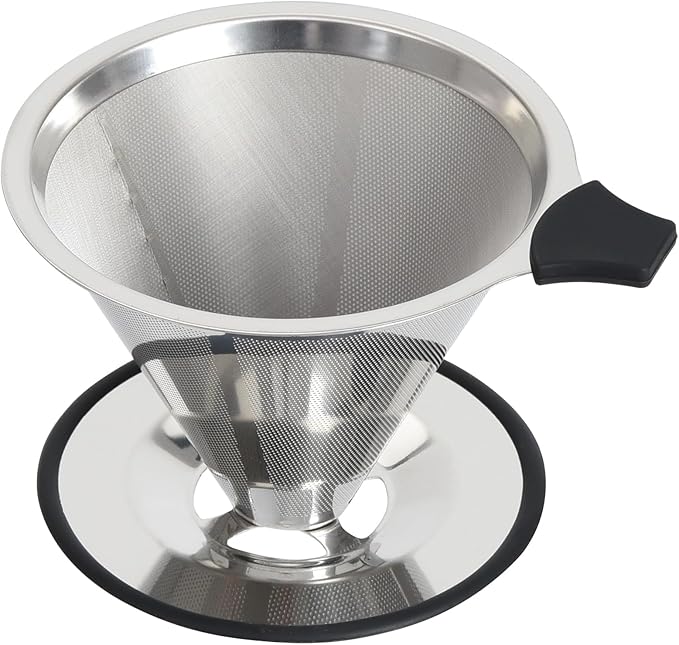 Pour Over Coffee Dripper Filter: Reusable Stainless Steel Coffee Filters - Metal Cone Filter Paperless Single Cup Coffee Maker 1-2 Cup with Double Mesh & Non-slip Cup Stand Sliver