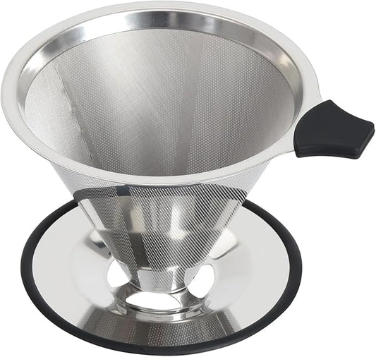 Pour Over Coffee Dripper Filter: Reusable Stainless Steel Coffee Filters - Metal Cone Filter Paperless Single Cup Coffee Maker 1-2 Cup with Double Mesh & Non-slip Cup Stand Sliver