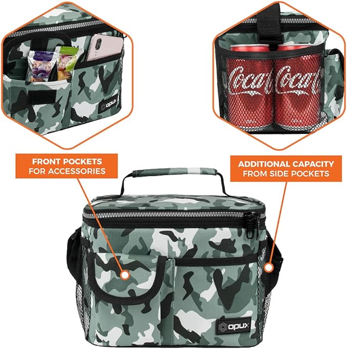opux Insulated Lunch Bag for Men Women, Leakproof Camo Green Lunch Box for Work, Portable Soft Lunch Cooler Bag with Shoulder Strap, Adult Lunchbox Lunch Pail for Kid Boy Girl School, 14 Can/8L