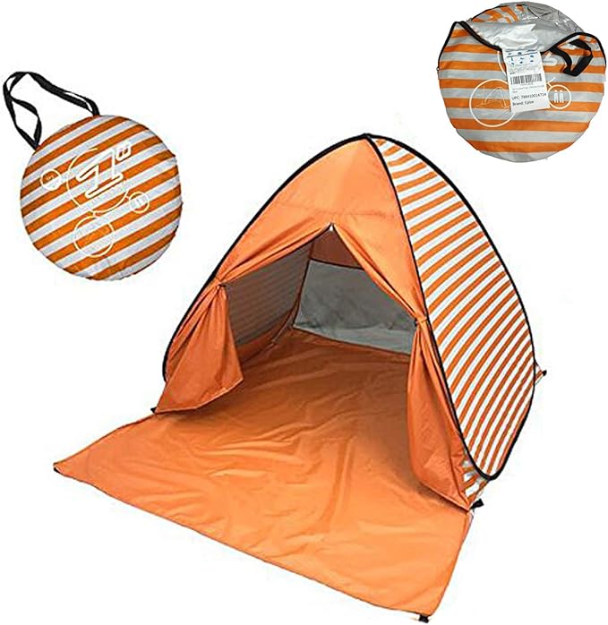 YBK Tech New Stripe Style Automatic Pop Up Beach Tent UV Protection Instant Portable Quick Cabana Sun Shelter for 2-3 Persons (Orange)
