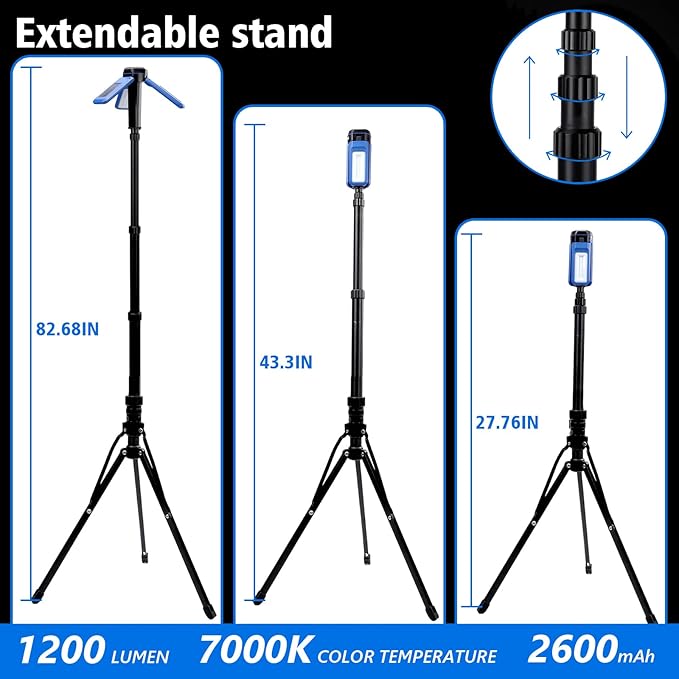 Rechargeable Solar Camping Light with Stand, Portable Cordless Work Light with 3 LED Lamp Heads, 5 Dimmable Lighting Modes, 82" Telescoping Tripod