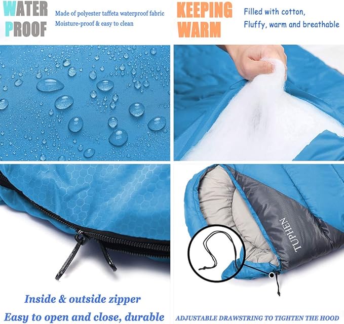 tuphen- Sleeping Bags for Adults Kids Boys Girls Backpacking Hiking Camping Microfiber Liner, Cold Warm Weather 4 Seasons Indoor Outdoor Use, Lightweight & Waterproof