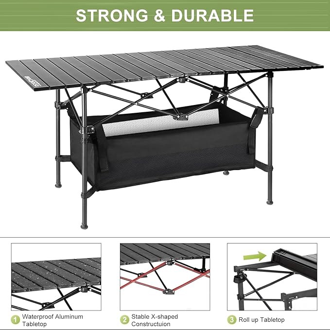 Folding Camping Tables that Fold Up Lightweight,Aluminum Roll Up Camping Table for 4-6 Person Camp Table with Large Storage and Carrying Bag for Outdoor, Picnic, Backyards, BBQ, Beach, 220 Lbs