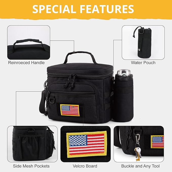 Tactical Reusable Lunch Bag for Men/Women - Insulated Lunch Box Leakproof Lunch Pail Freezable with Adjustable Shoulder Strap,Lunch Cooler Bag for Work Office Picnic Beach，Black