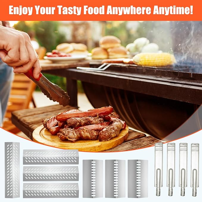 Stainless Steel 4pcs 16631 Flame Tamer Flavor bar and 3pcs 16520 Heat Plate Shield with 4pcs 16516 Burners for Bull Grill Replacement Parts,Fits for Blaze Lion, Cal Flame 4 Burner Gas Grills