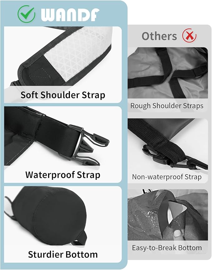 WANDF Waterproof Dry Bag for Women Men with Quick-Dry Shoulder Strap Floating Roll Top Dry Storage Bag 10L for Kayaking, Rafting, Boating, Swimming, Camping, Hiking, Beach, Fishing (Black)