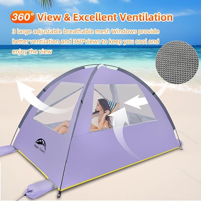 Happy Travel Beach Tent, UPF 50+ UV Protection Sun Shade Shelter for 3/4/5/6/7/8 Person, Portable Beach Canopy for Family & Baby, Lightweight & Easy Setup Beach Cabana with 3 Ventilation Mesh Windows