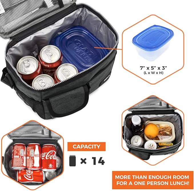 opux Insulated Lunch Bag for Men Women, Leakproof Charcoal Grey Lunch Box for Work, Portable Soft Lunch Cooler Bag with Shoulder Strap, Adult Lunchbox Lunch Pail for Kid Boy Girl School, 14 Can/8L