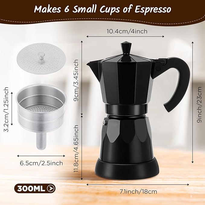Coffee Pot 6 Cup Electric Espresso Coffee Maker Italian Moka Maker 300ml Portable Aluminum Espresso Machine Cafetera Moka Pot with Detachable Base, Gift for Home Travel(Black)