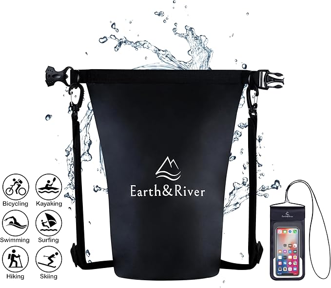 EARTH&RIVER Premium Waterproof Dry Bag Backpack, Extra Thick, Protection for All Water Activities & Camping, Floating Lightweight Dry Bag & IPX8 Waterproof Phone Case (Black, 5L)