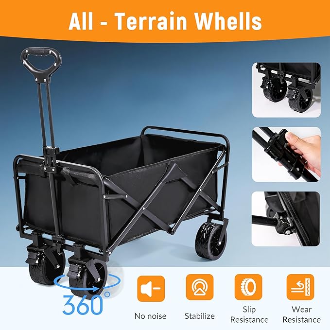 Collapsible Foldable Wagon, Heavy Duty Folding Utility Garden Cart Wagon for Sports, Camping, Garden, and Shopping, Black