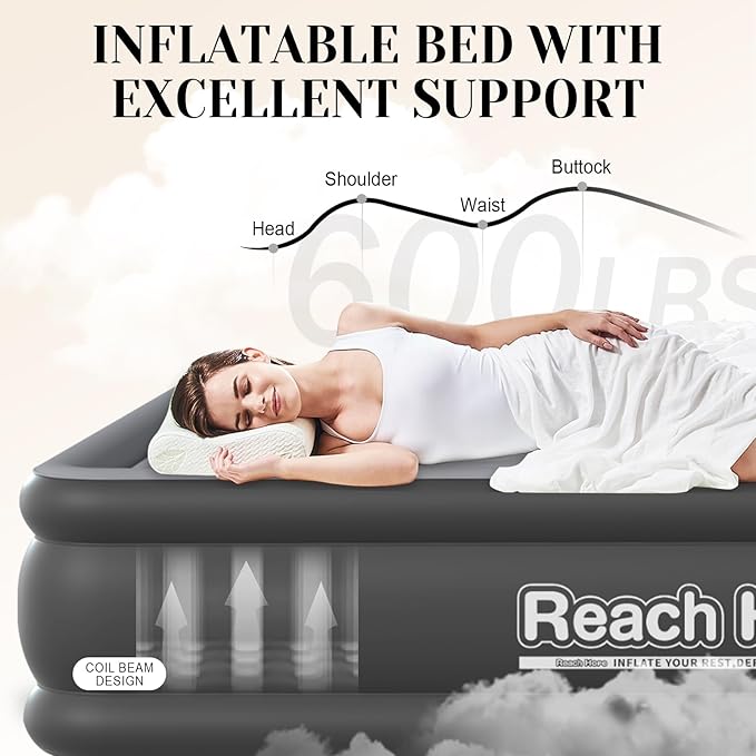 Air Mattress Full with Built in Pump, Quick Self Inflatable Mattress, 18" Raised Portable Air Mattress with Built in Pump, Blow up Air Bed for Travel, Camping and Guests. (18" Full, Gray)