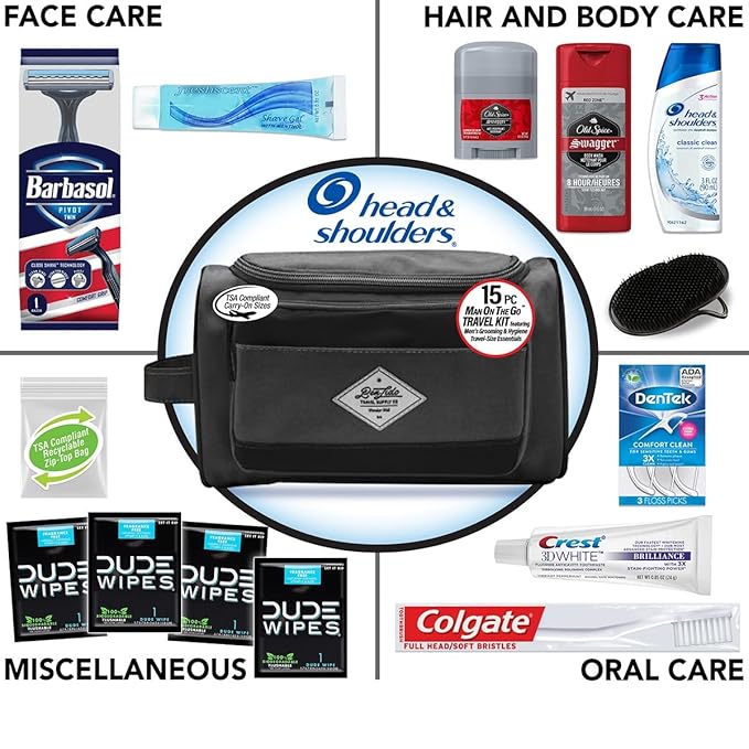 Convenience Kits International Men's Premium 15-Piece Kit wth Travel Size TSA Compliant Essentials, Featuring: Head & Shoulders Dandruff Shampoo Classic Clean and Palm Scalp Brush in Black Dopp Bag