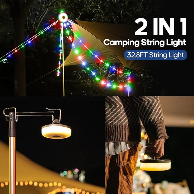 DGE Camping String Lights, 8 Lighting Modes 2-in-1 Outdoor String Lights with RGB and Warm White Light (32.8ft), Quick Storage, Waterproof, Type-C Charging for Camping, Holiday