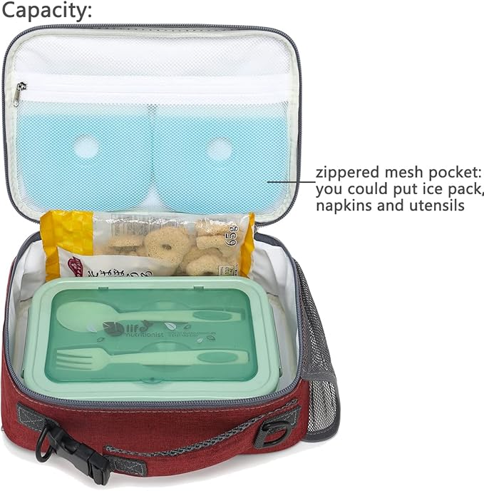 FlowFly Kids Lunch Bag, Durable Insulated School Lunch Box with Shoulder Strap and Bottle Holder, Water-resistant Thermal Small Lunch Cooler Tote for Teen Boys & Girls,Red