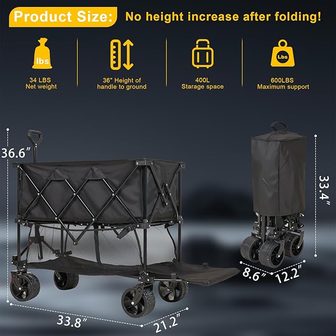 Heavy Duty Collapsible Beach Wagon Cart - 600LBS Capacity Pro-Grade Folding Utility Cart with Extra-Wide All-Terrain Wheels, Locking Brakes Wagon for Camping, Stadium Gear, Beach Transport, Groceries