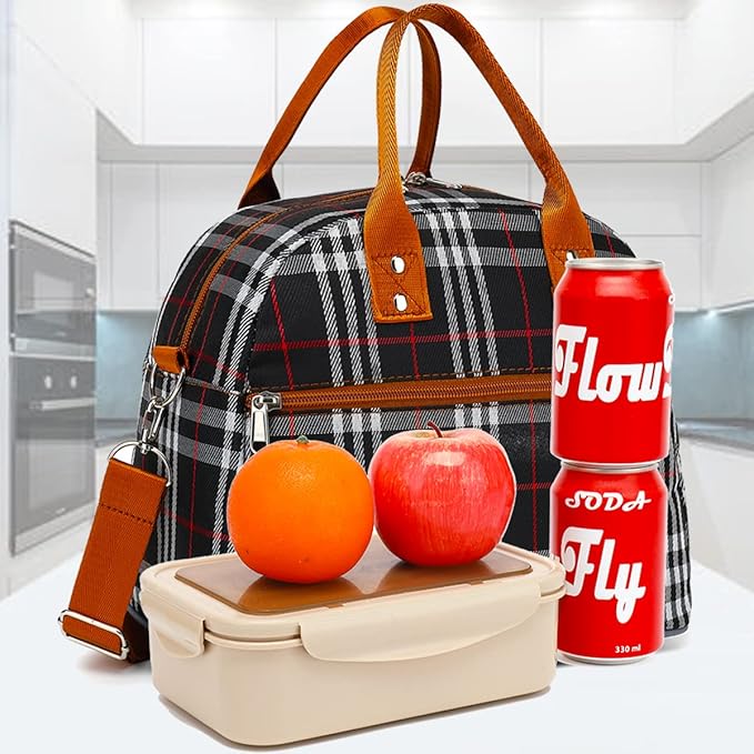 FlowFly Insulated Lunch Bag With Shoulder Strap for Women, Men, and Kids, Large and Reusable, Handle, Freezable Work and School Travel Tote and Meal Prep Organizer (W&B)