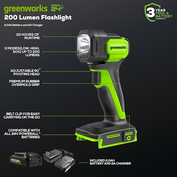Greenworks 24V Cordless LED Flash Light, 200 lumes Handheld Work Light, Pivoting Head, 3 Lighting Modes, Hanging Hook, with 2Ah Battery and Charger